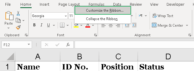 Selecting the Customize ribbon option to enable developer tab. 