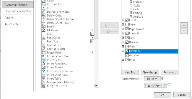 Marking the develop option to make it visible on the ribbon. 