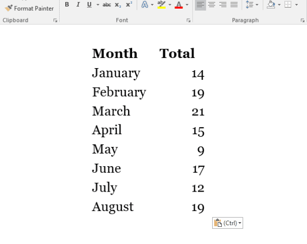 example data table from excel to word doc