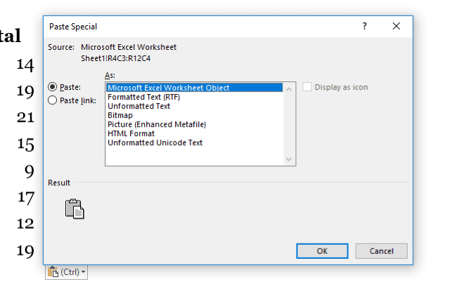 select object in the paste special dialog box