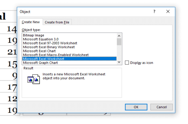 select excel spreadsheet to insert an excel file from the insert tab into a word document