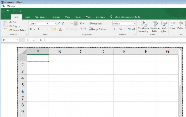 insert an excel worksheet from scratch