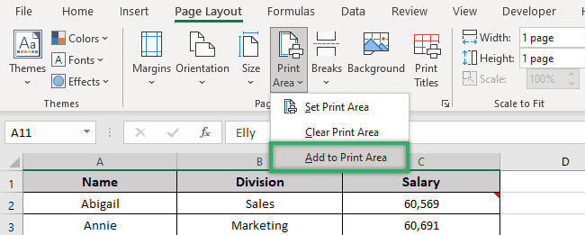 Adding data to print area. 