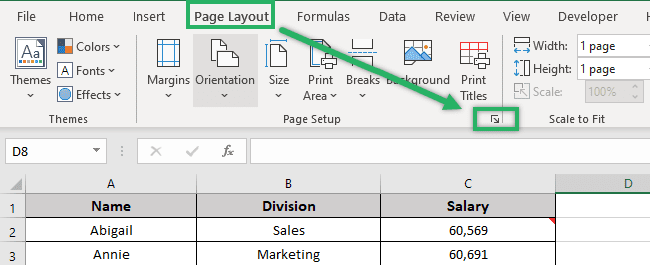 Page layout dialog box