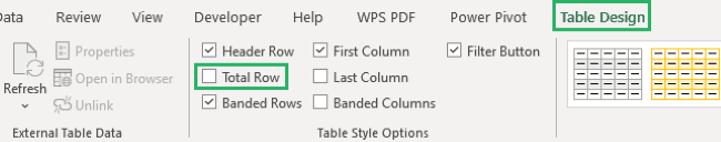 Select Totals row option to create an entire row at the bottom. 