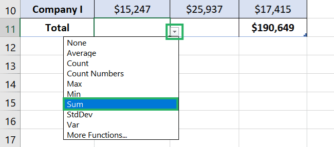 Select the subtotal function from the drop down menu