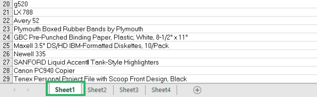 Selecting the sheet 1 in Microsoft Excel 