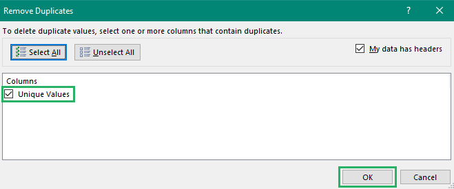 Select data in the unique values column in an array formula