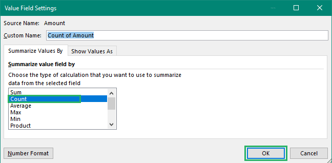 Select count from the value field list to get a count of unique values