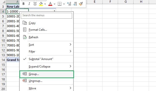 Group the data values using group from the drop-down menu