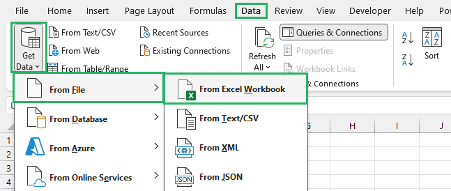 Select the Excel workbook from the data types list