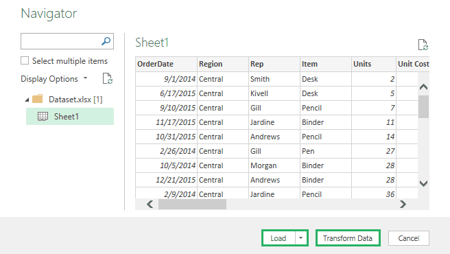 Select load or transform options in Navigator